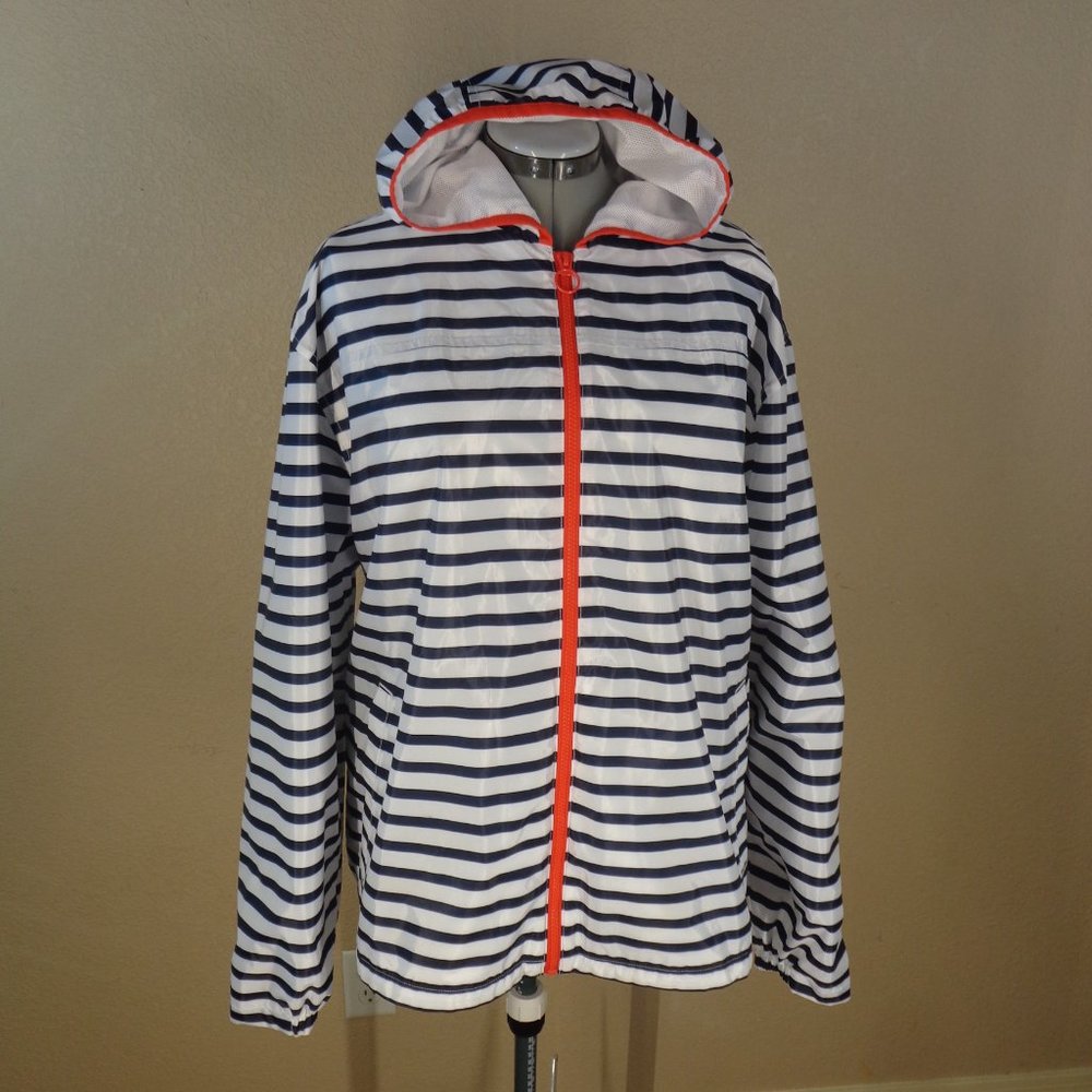 LANDS' END MEN'S STRIPED HOODED RAINCOAT SZ XL NAVY WHITE - Picture 2 of 6